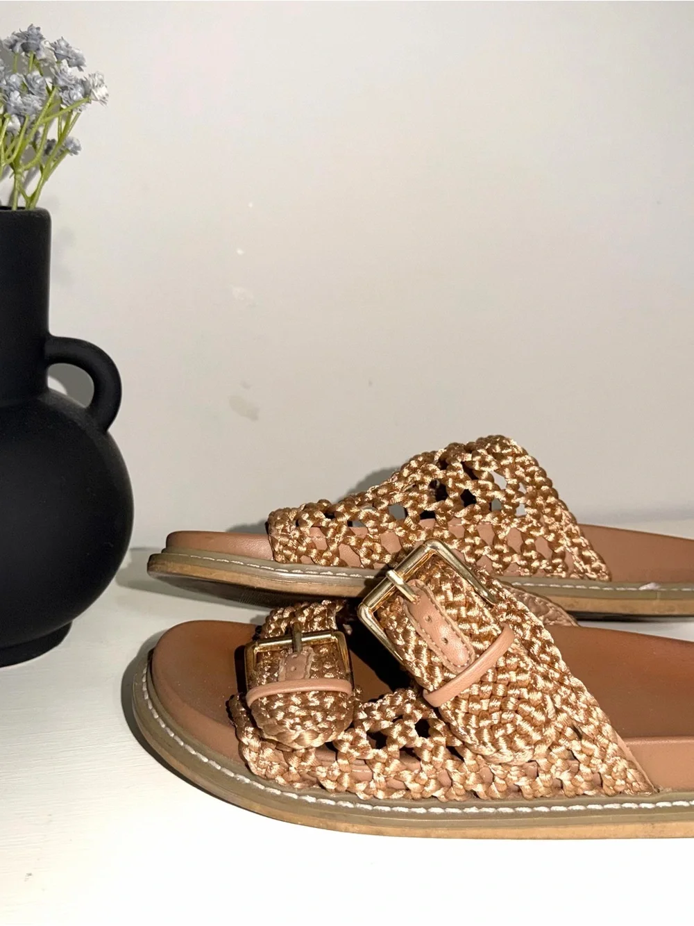Woven Double-Buckle Slide Sandals in Tan